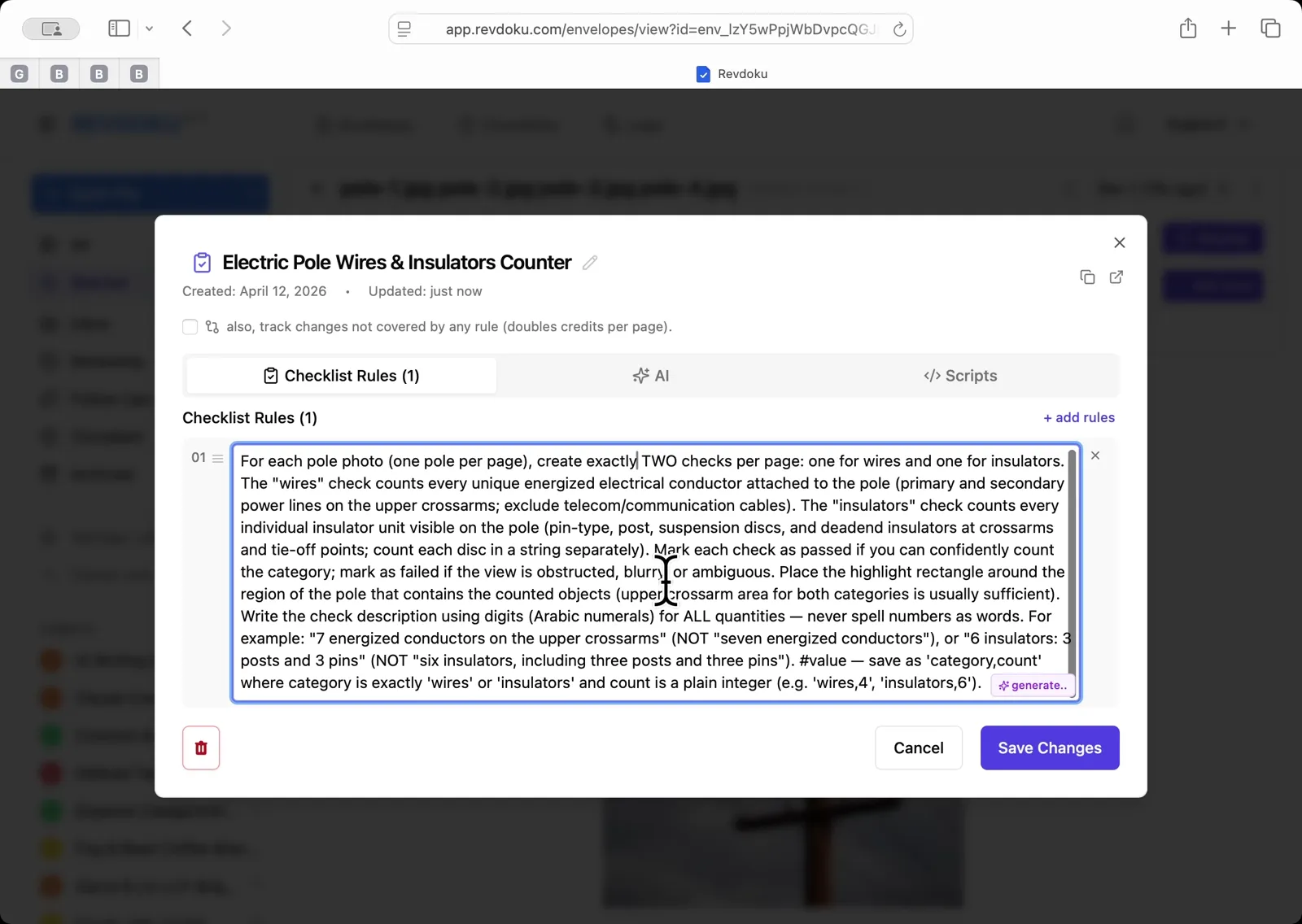 Write the counting rule. In the checklist editor, enter the rule that tells Revdoku to create two checks per page — one for energized conductors on the upper crossarms (excluding telecom cables) and one for insulator units — and to save the count in the check value field as category,count. Click Save Changes.