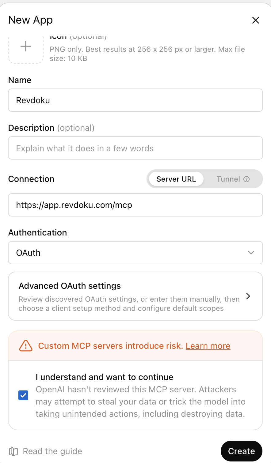 ChatGPT new app form with Revdoku MCP URL