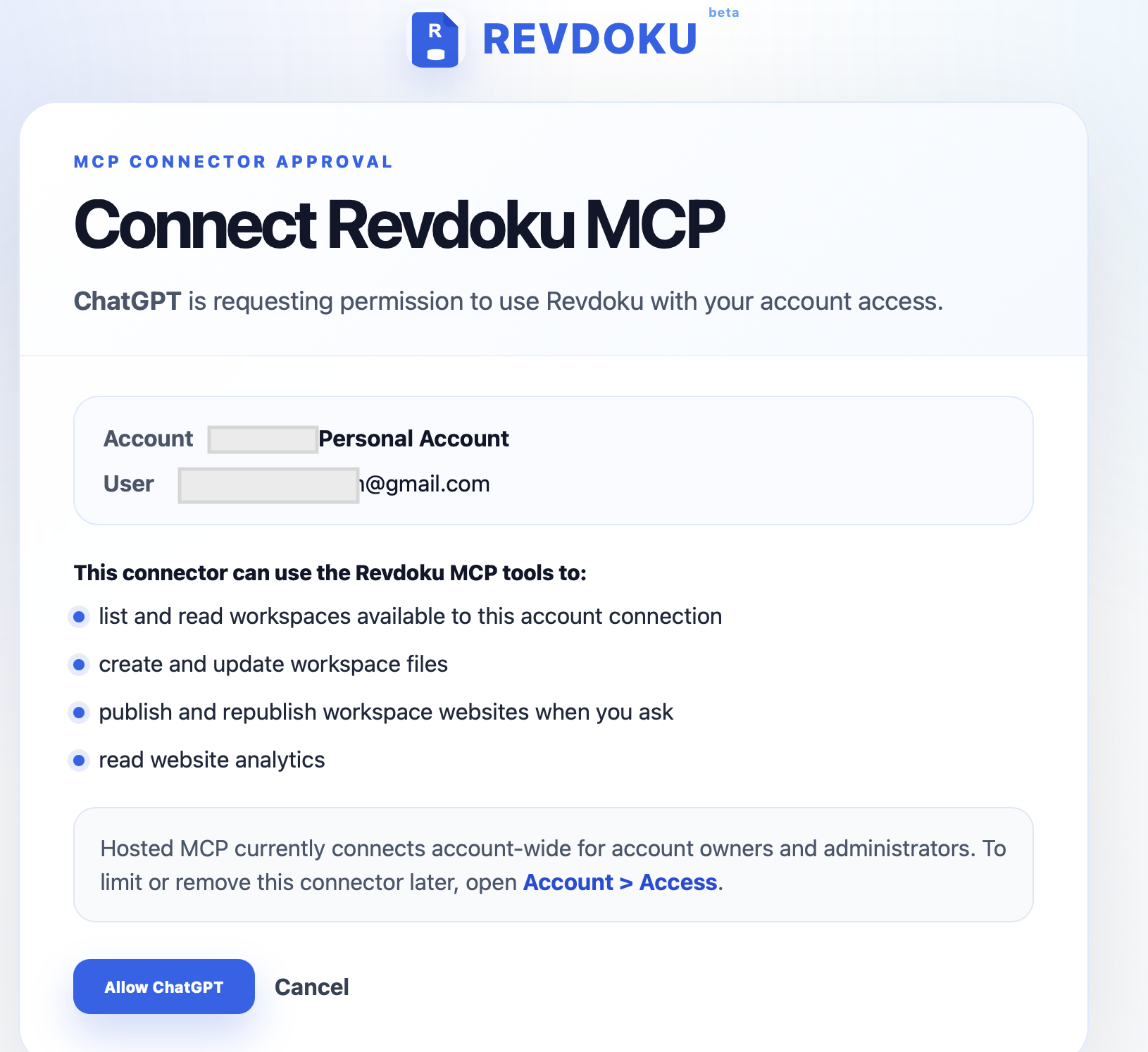 Revdoku OAuth approval screen for ChatGPT