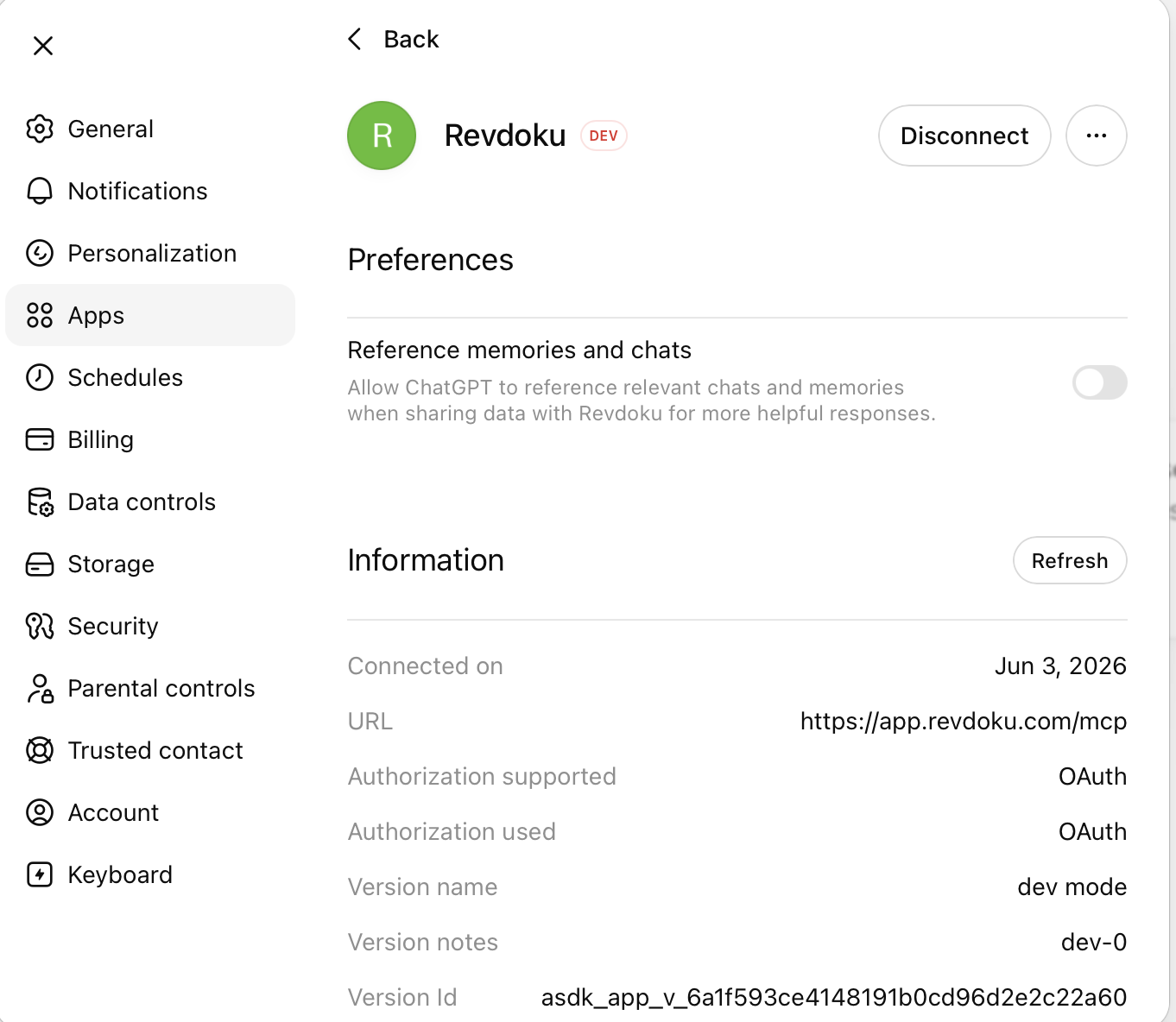 ChatGPT Revdoku connected app details