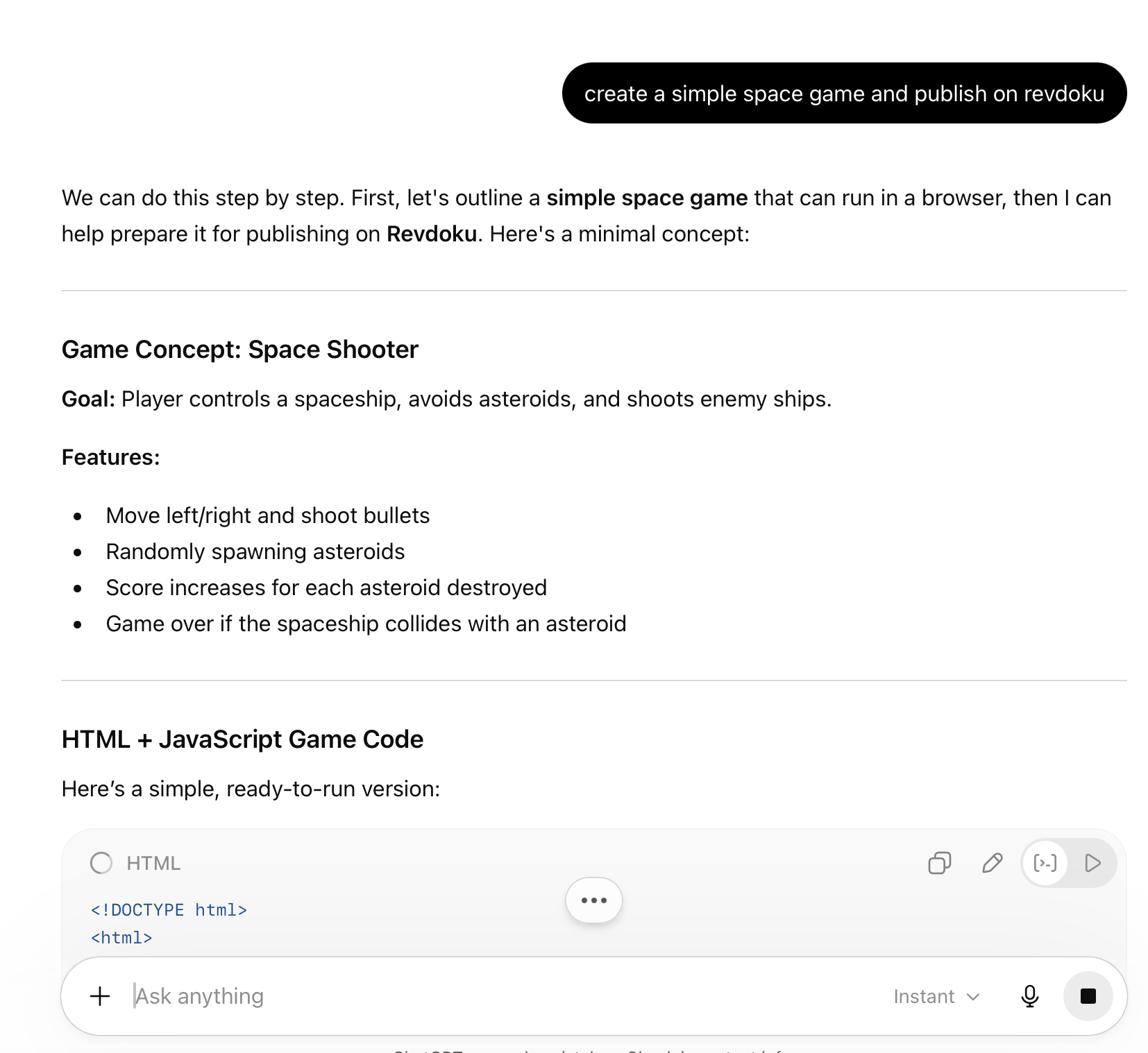 Prompt asking ChatGPT to create and publish a space game
