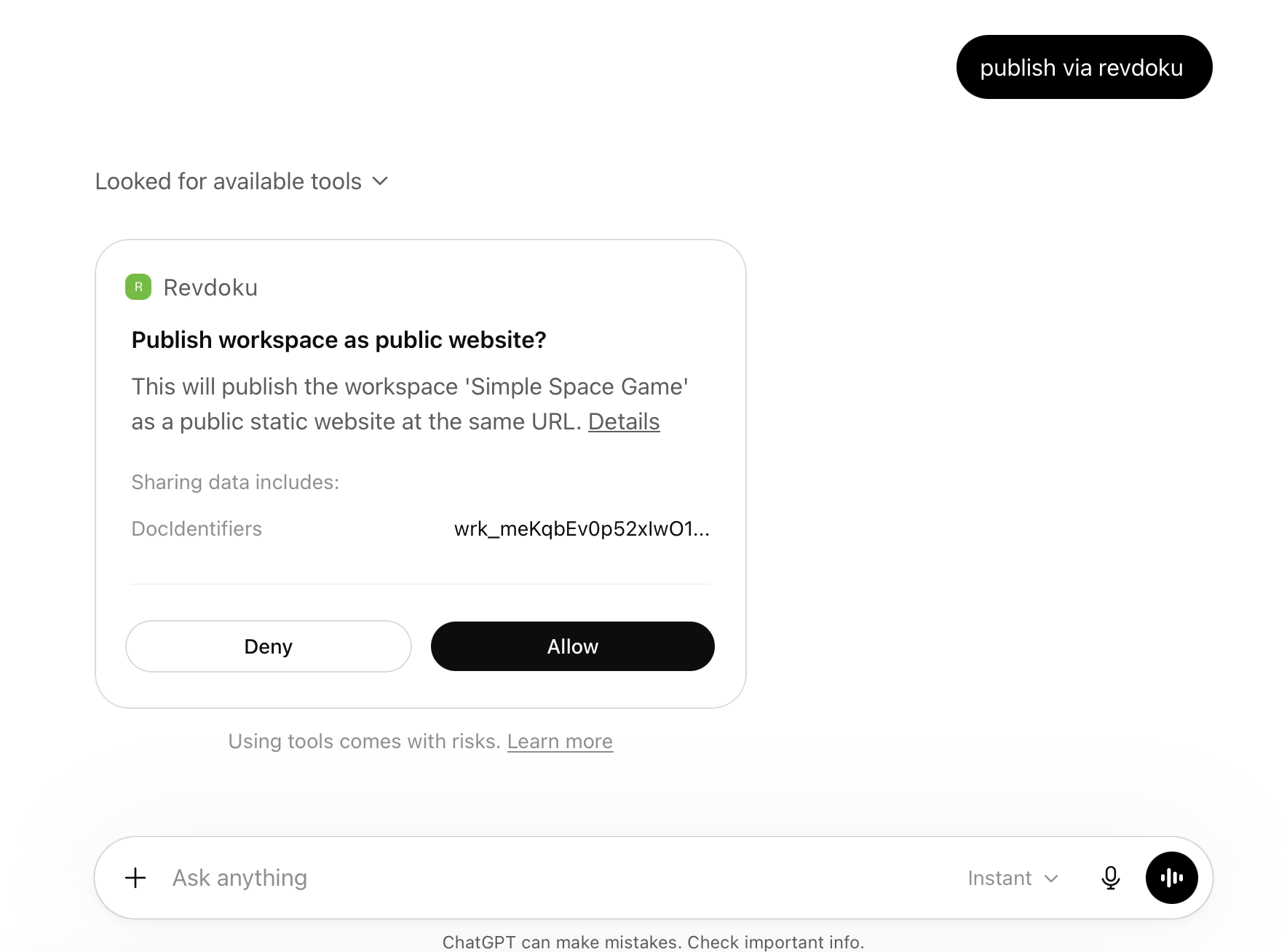 ChatGPT Revdoku publish confirmation