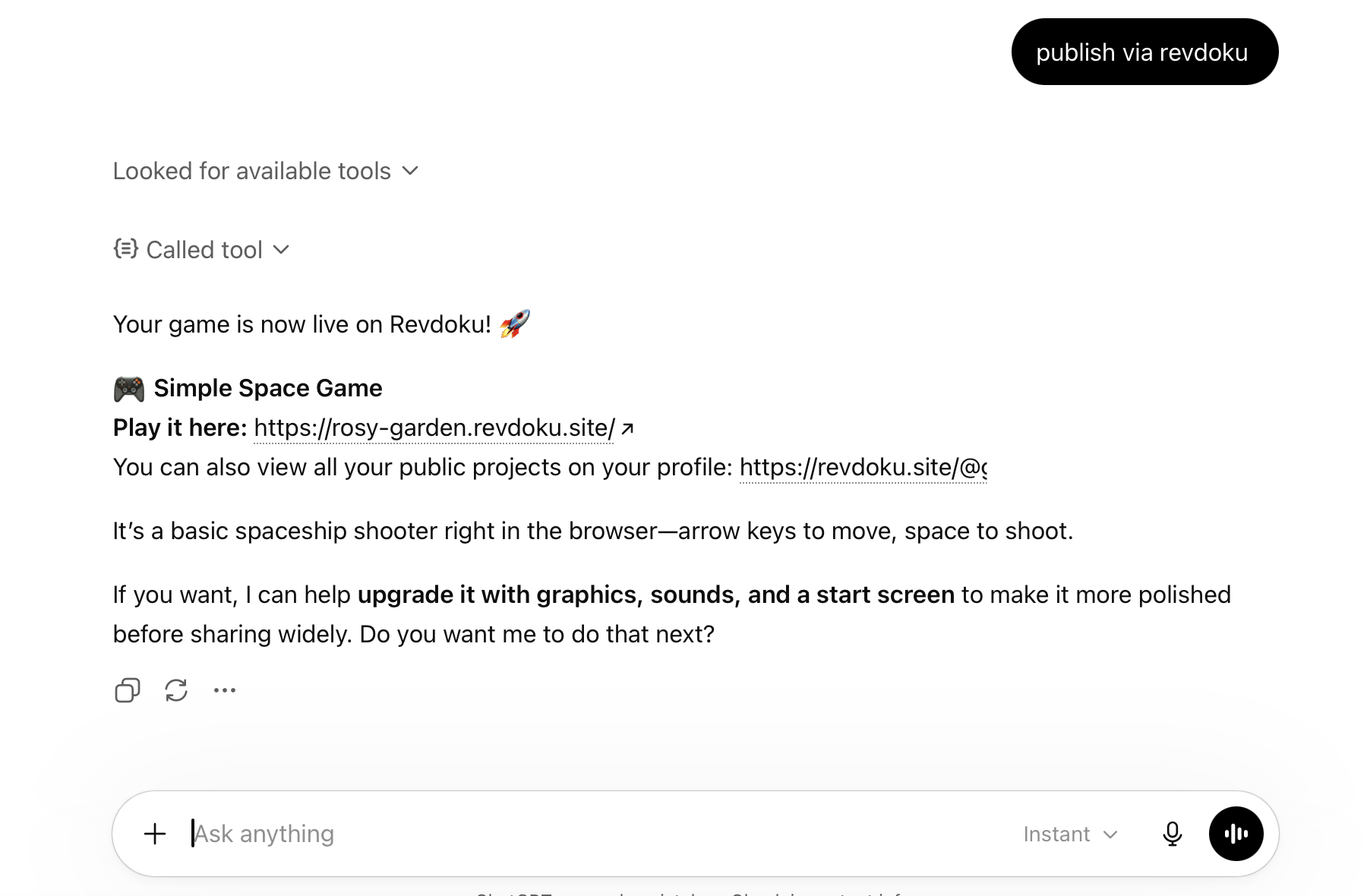 ChatGPT response with live Revdoku game URL