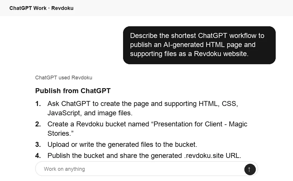 ChatGPT outlines a Revdoku publishing workflow for an AI-generated site
