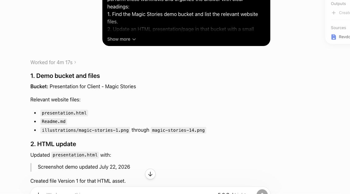 ChatGPT updates an HTML presentation in a Revdoku bucket
