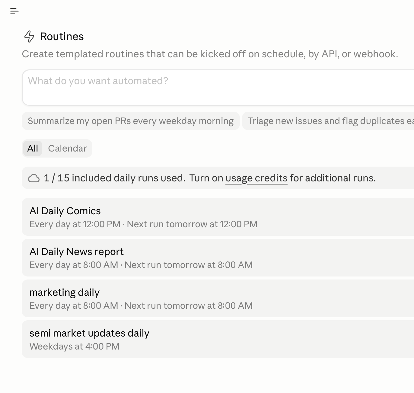 Claude Code Routines list showing AI Daily Comics scheduled daily