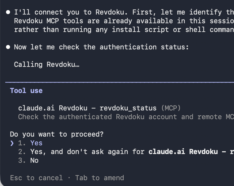Claude terminal asking to use the Revdoku status tool