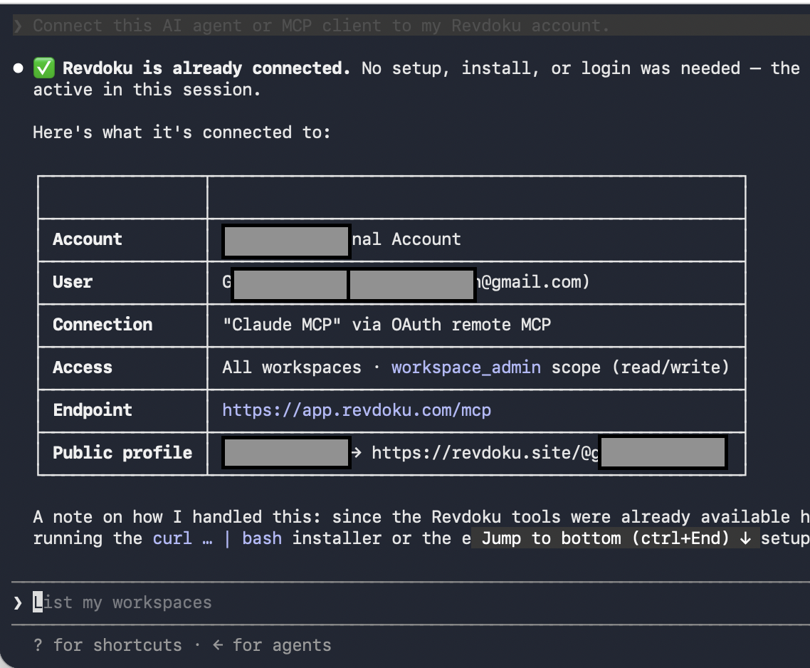 Claude terminal showing Revdoku connected status