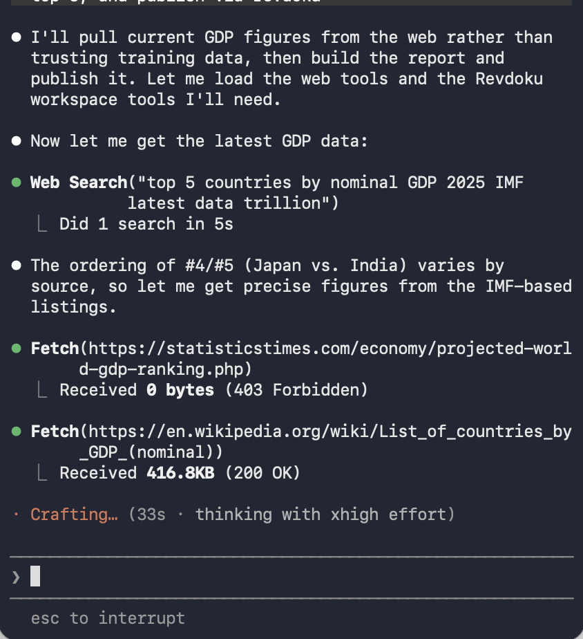 Claude terminal working on a GDP report