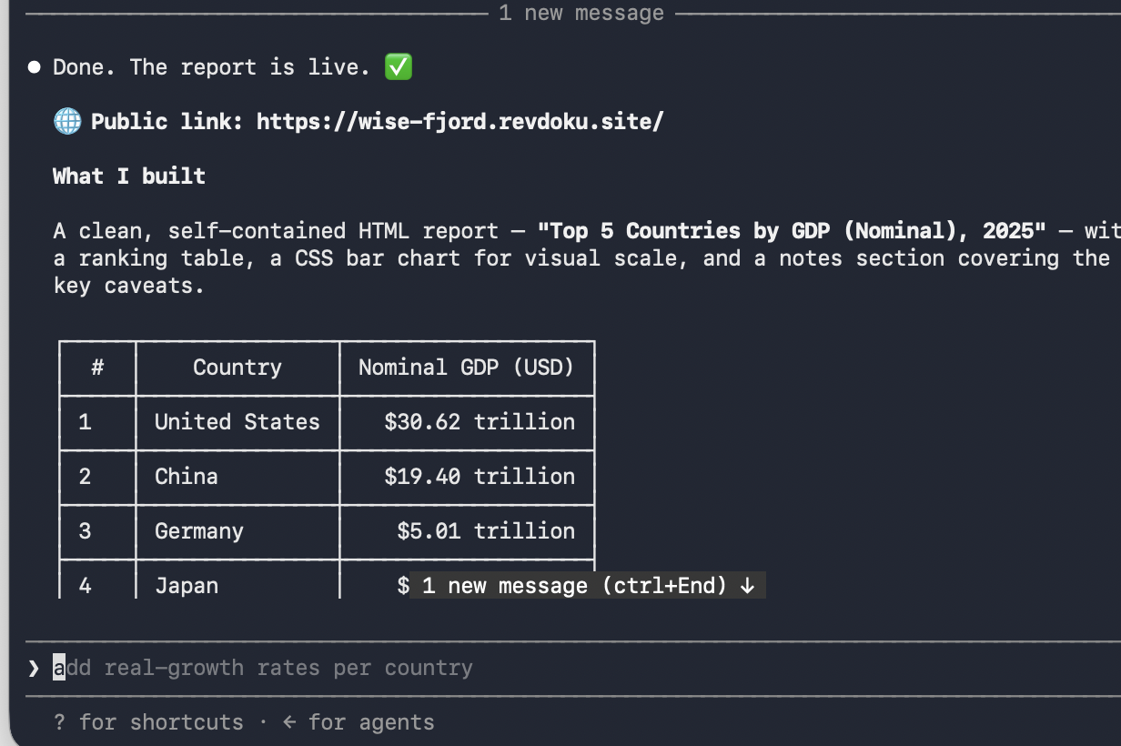 Claude terminal returning a public Revdoku site URL