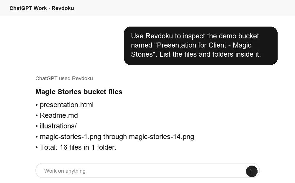 ChatGPT lists files in a Revdoku demo bucket