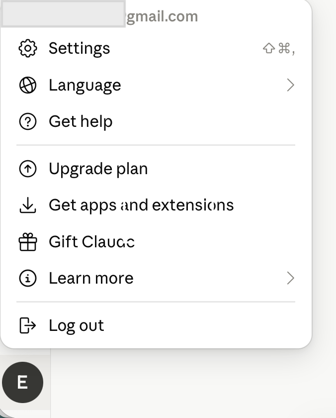 Claude account menu with Settings