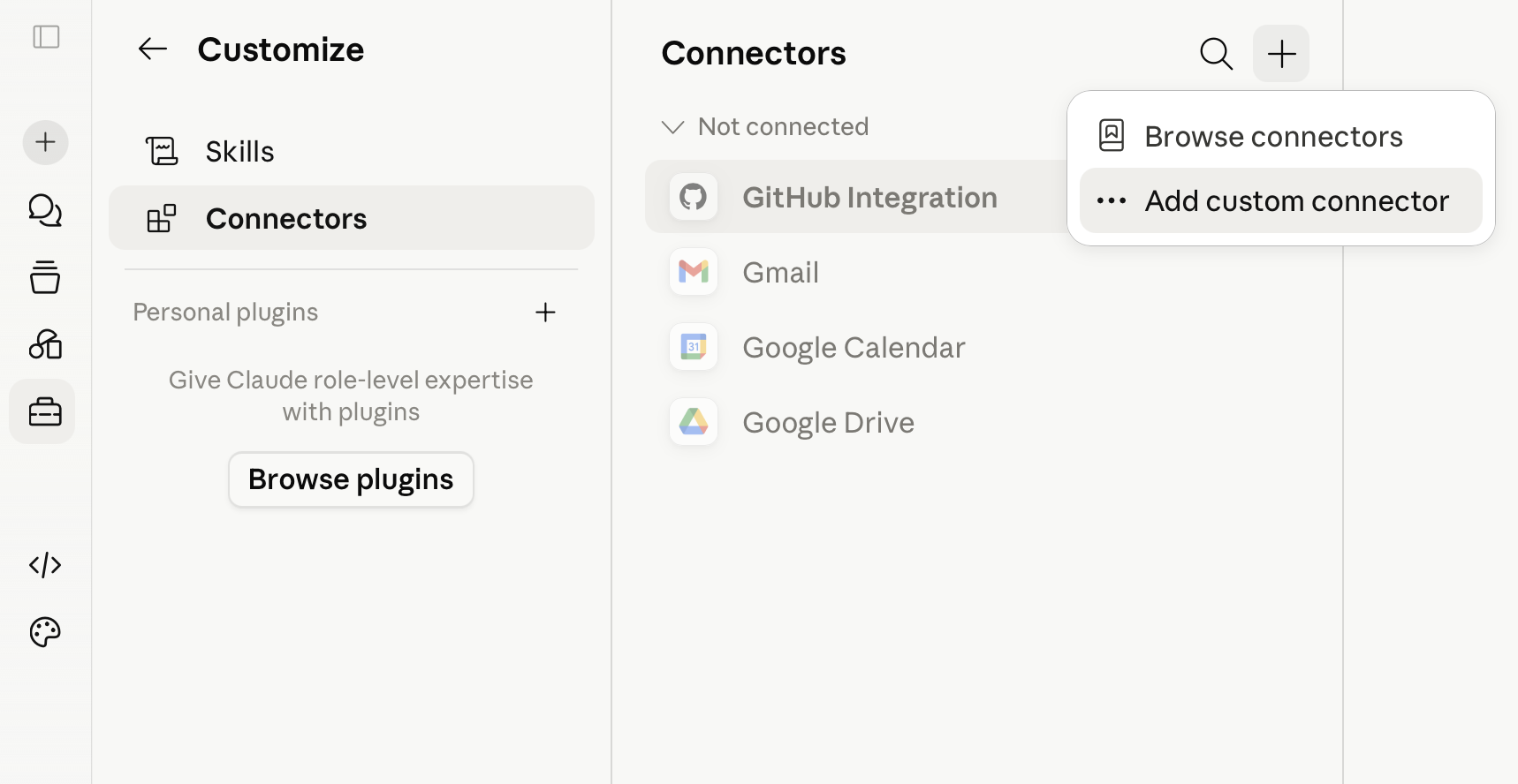 Claude Connectors settings with Add custom connector