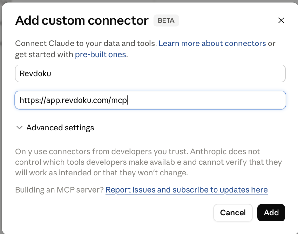 Claude custom connector form with Revdoku MCP URL