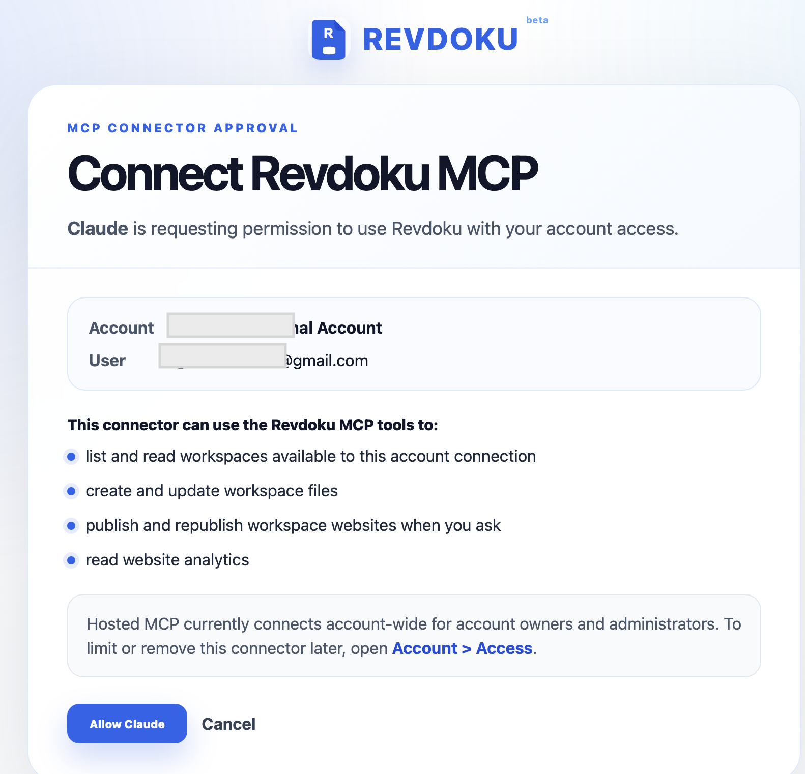 Revdoku OAuth approval screen for Claude