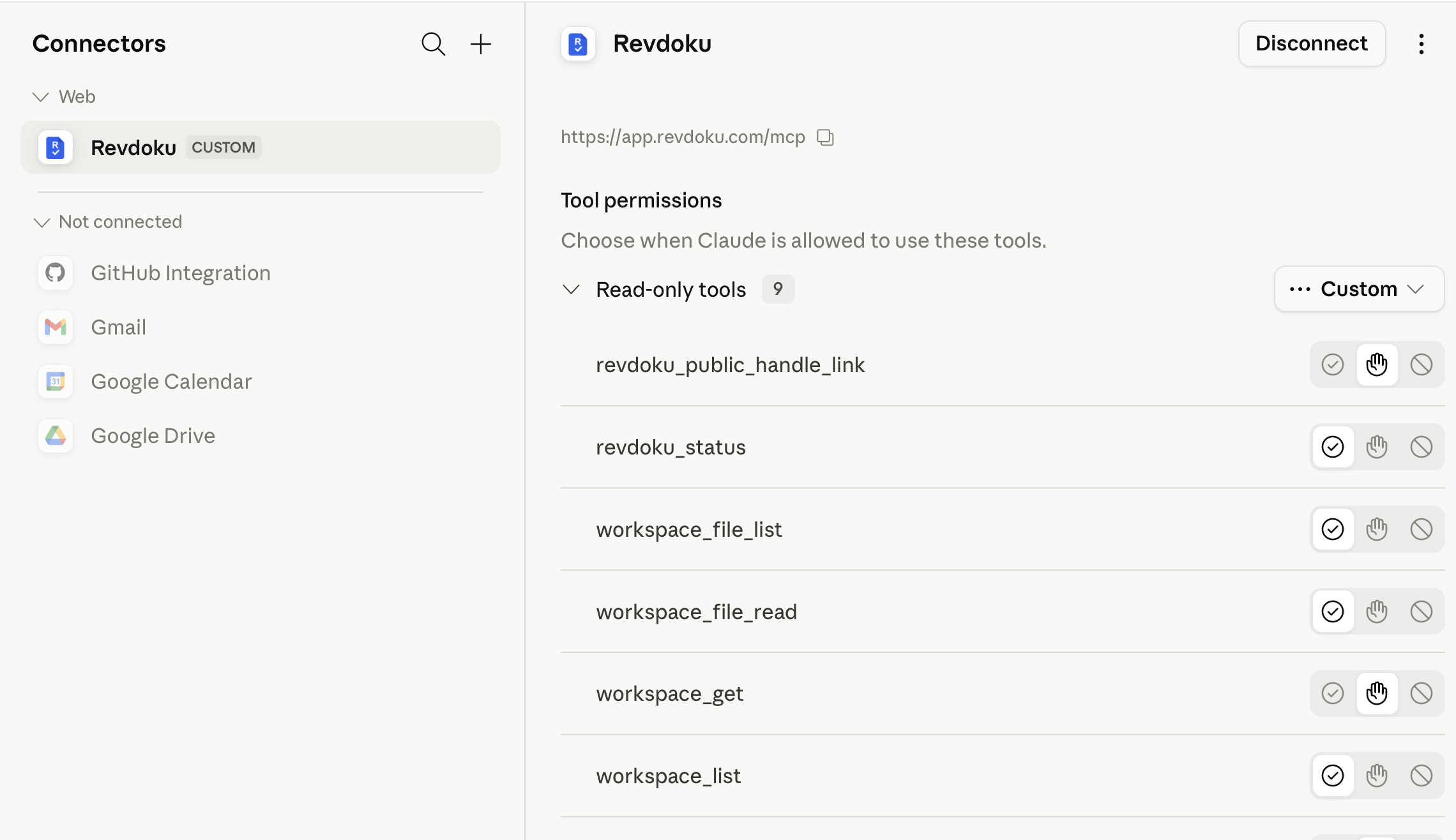 Claude connected Revdoku tools and permissions