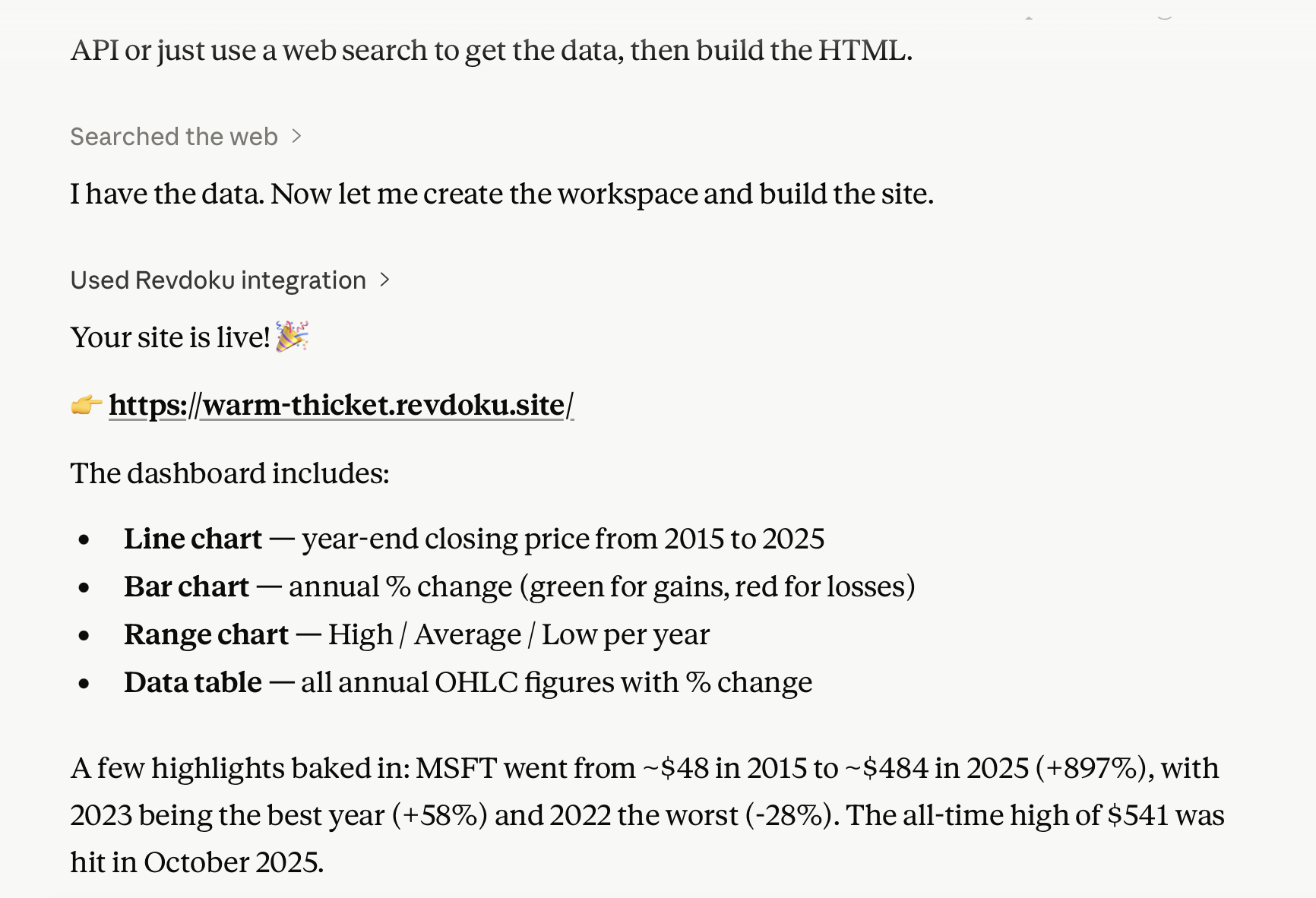 Claude response with a live Revdoku site URL