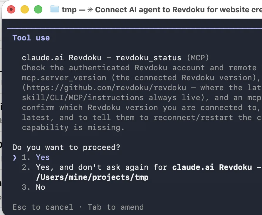 Claude Code asks for confirmation before using the Revdoku MCP tool
