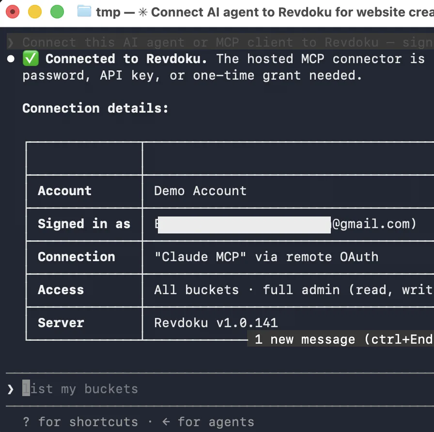 Claude Code confirms the authenticated Revdoku connection