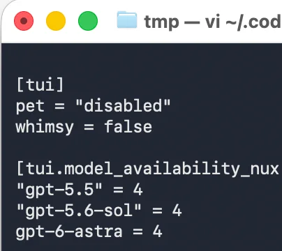 Vi showing the tui section with pet set to disabled and whimsy set to false, followed by tui.model_availability_nux