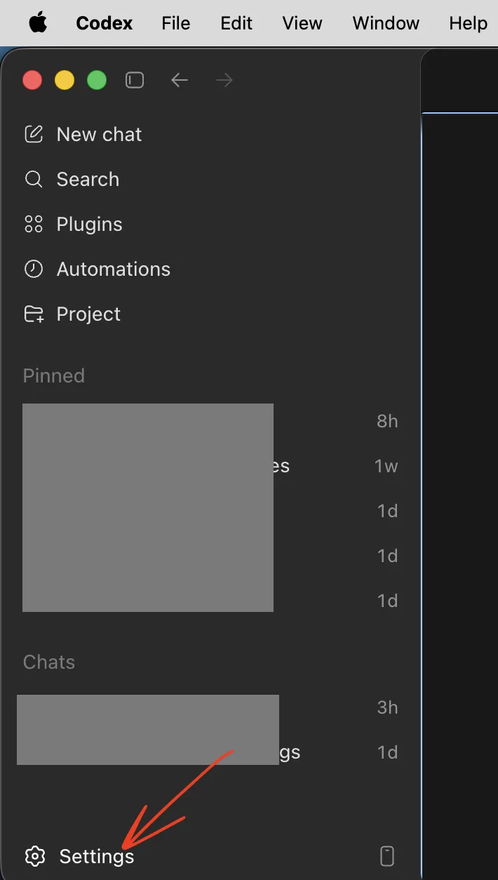 Open Settings in Codex