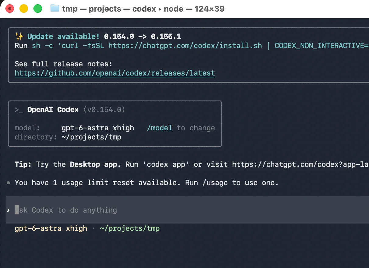 Restarted Codex CLI 0.154.0 on macOS with no sparks in the input background