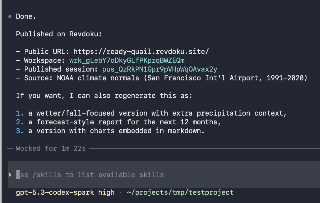 Codex terminal returning a public Revdoku site URL