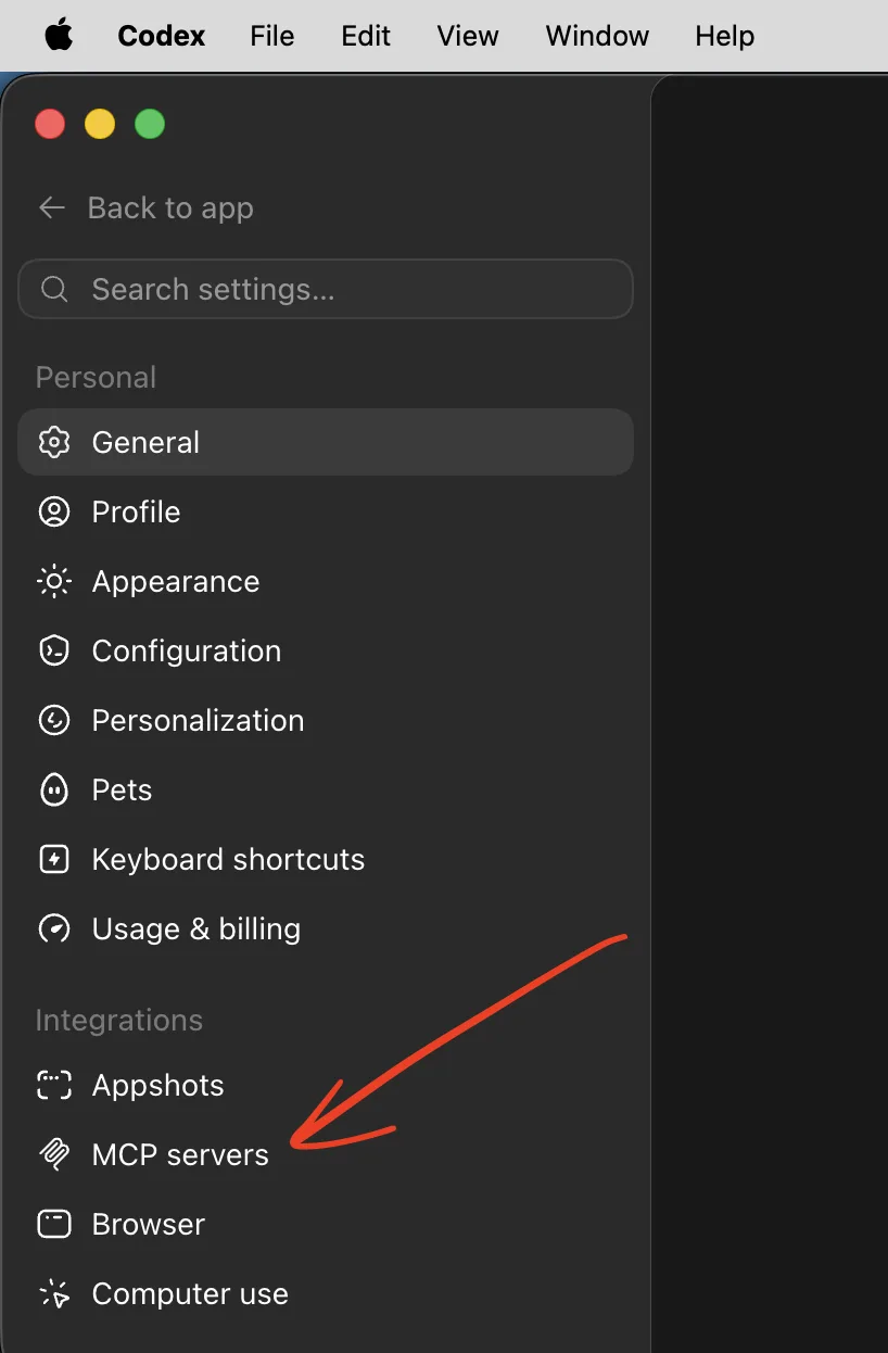 Open MCP servers in Codex settings