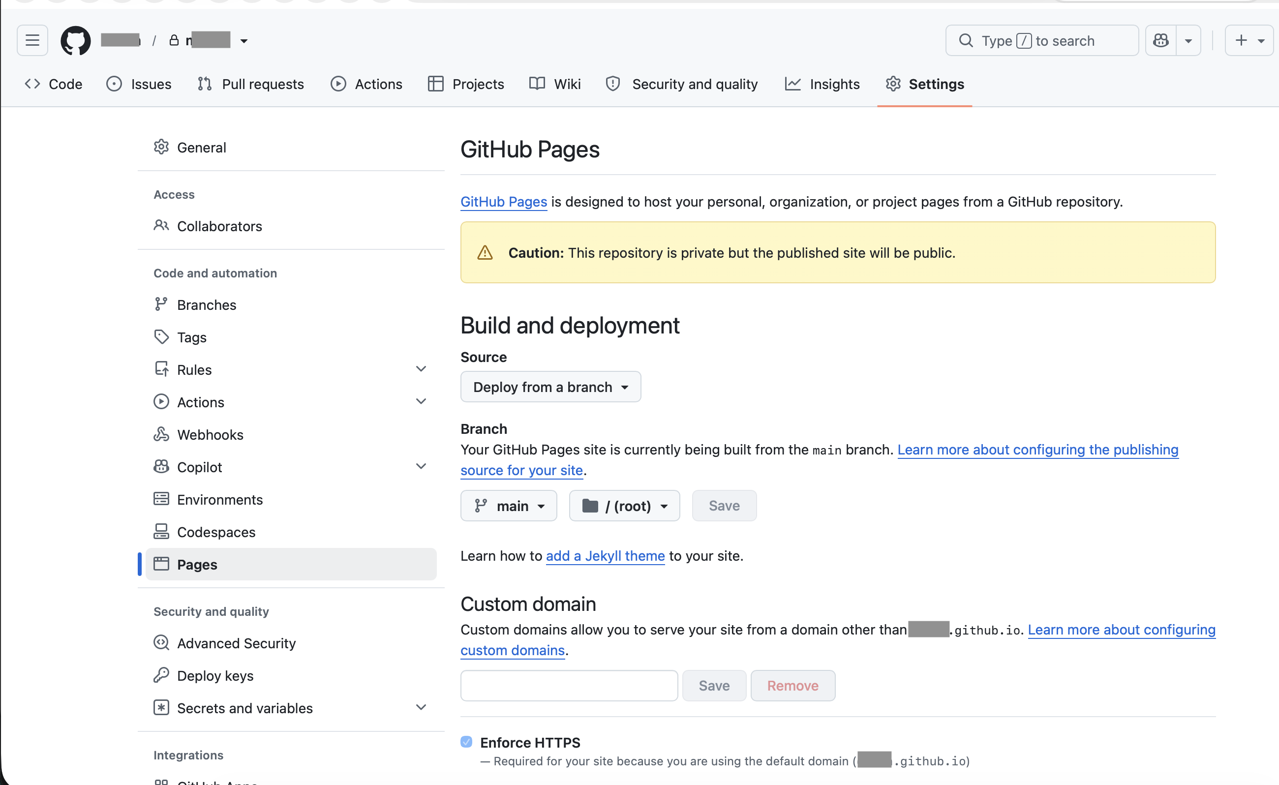 GitHub Pages settings with branch deployment and custom domain controls