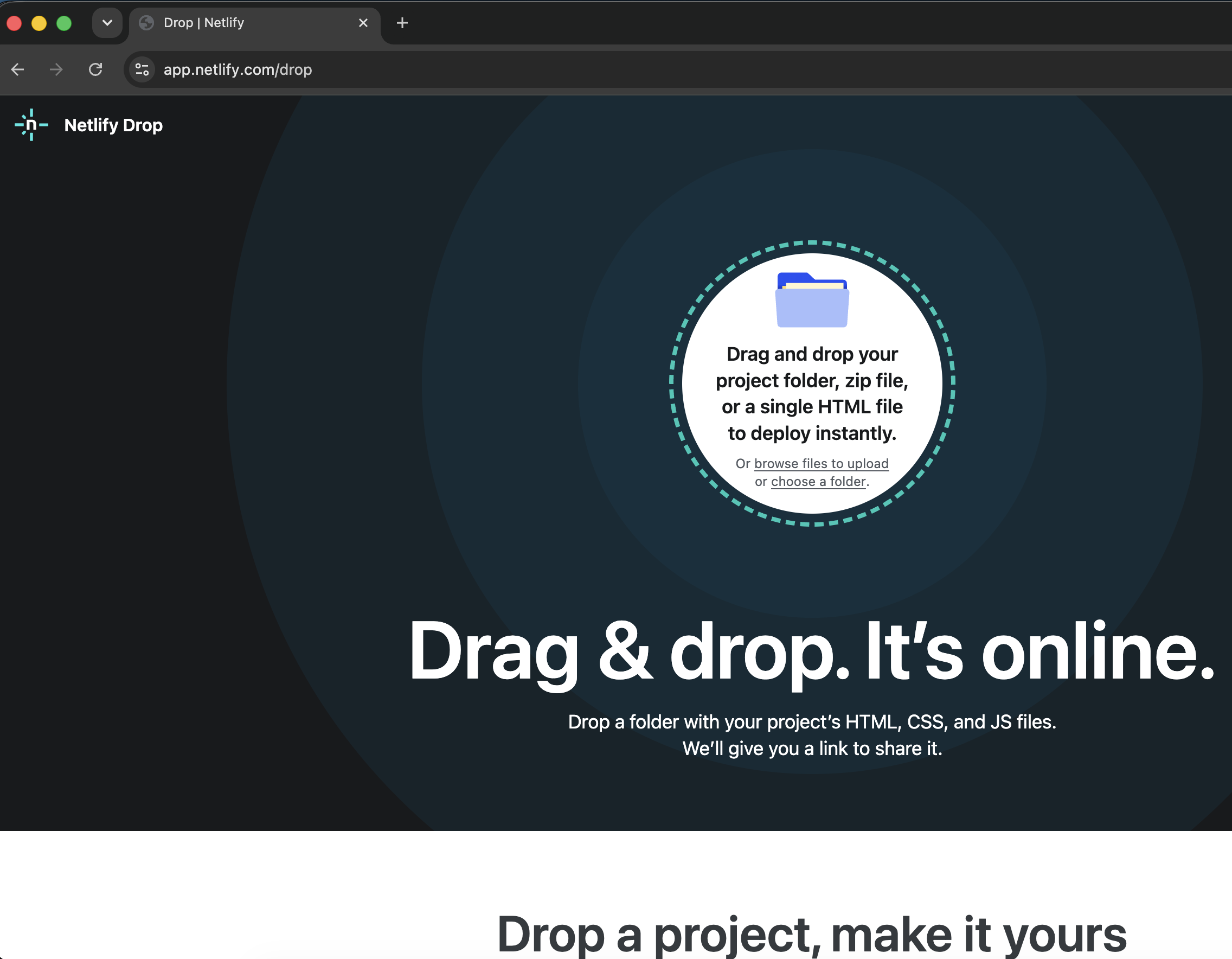 Netlify Drop deploy screen for a folder or static file