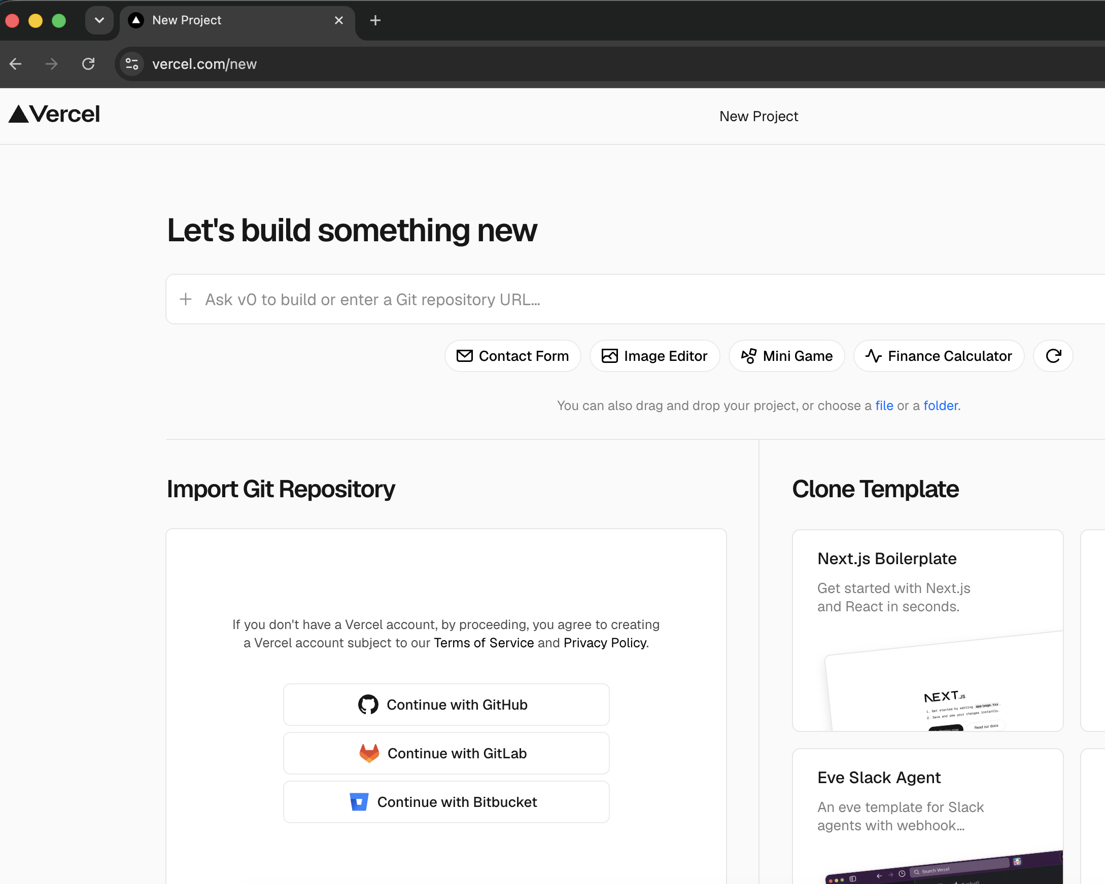 Vercel New Project screen for importing or creating a site