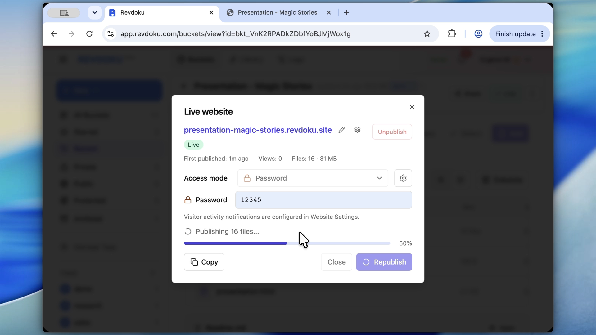 Revdoku access settings for a published folder
