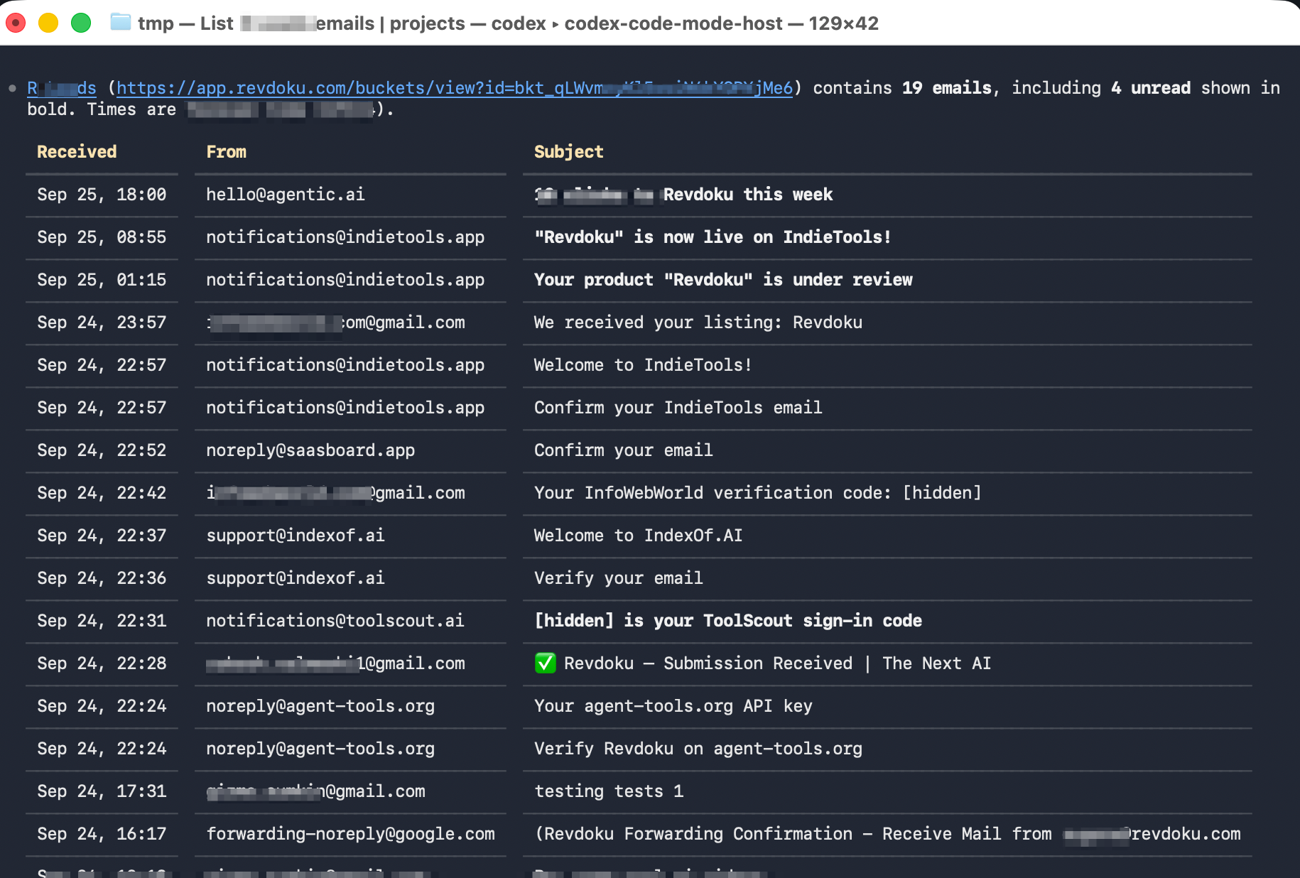 AI app terminal listing Revdoku emails with senders, subjects, and unread messages