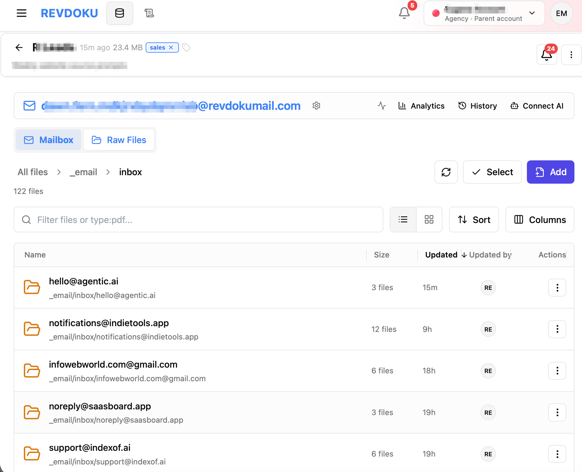 Revdoku raw files view with incoming emails organized by sender