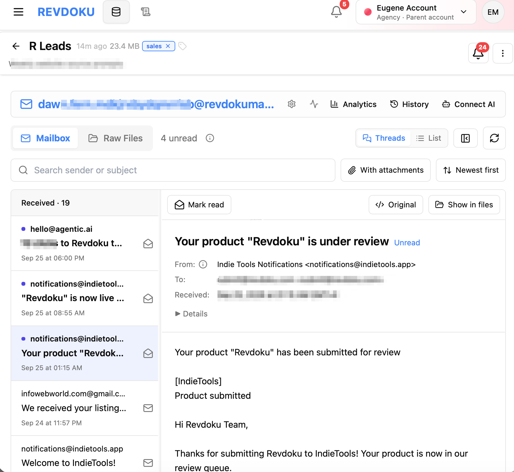 Revdoku mailbox with email threads and an open message