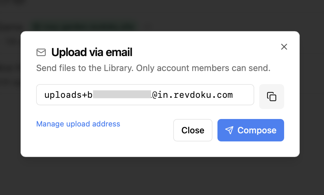 Revdoku upload via email dialog showing a bucket upload address, copy button, compose button, and manage upload address link