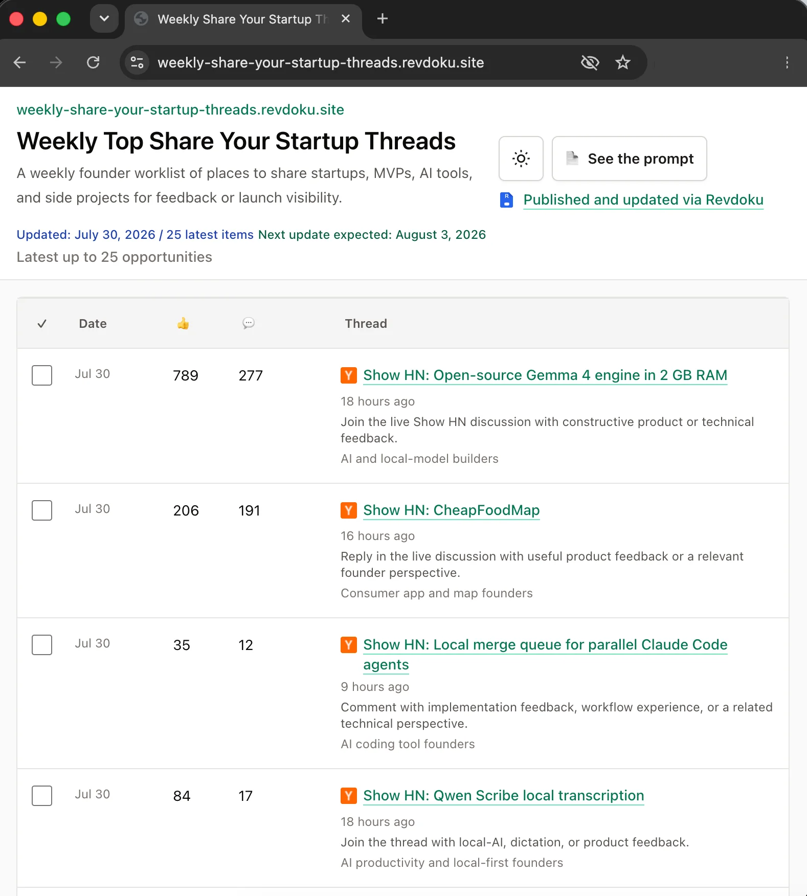 Weekly Share Your Startup Threads website published with Revdoku