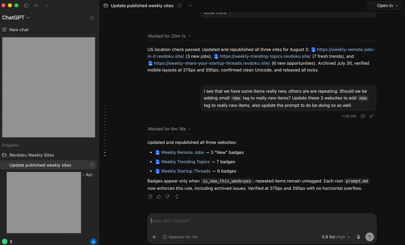 ChatGPT reports that the three weekly Revdoku websites were updated and published