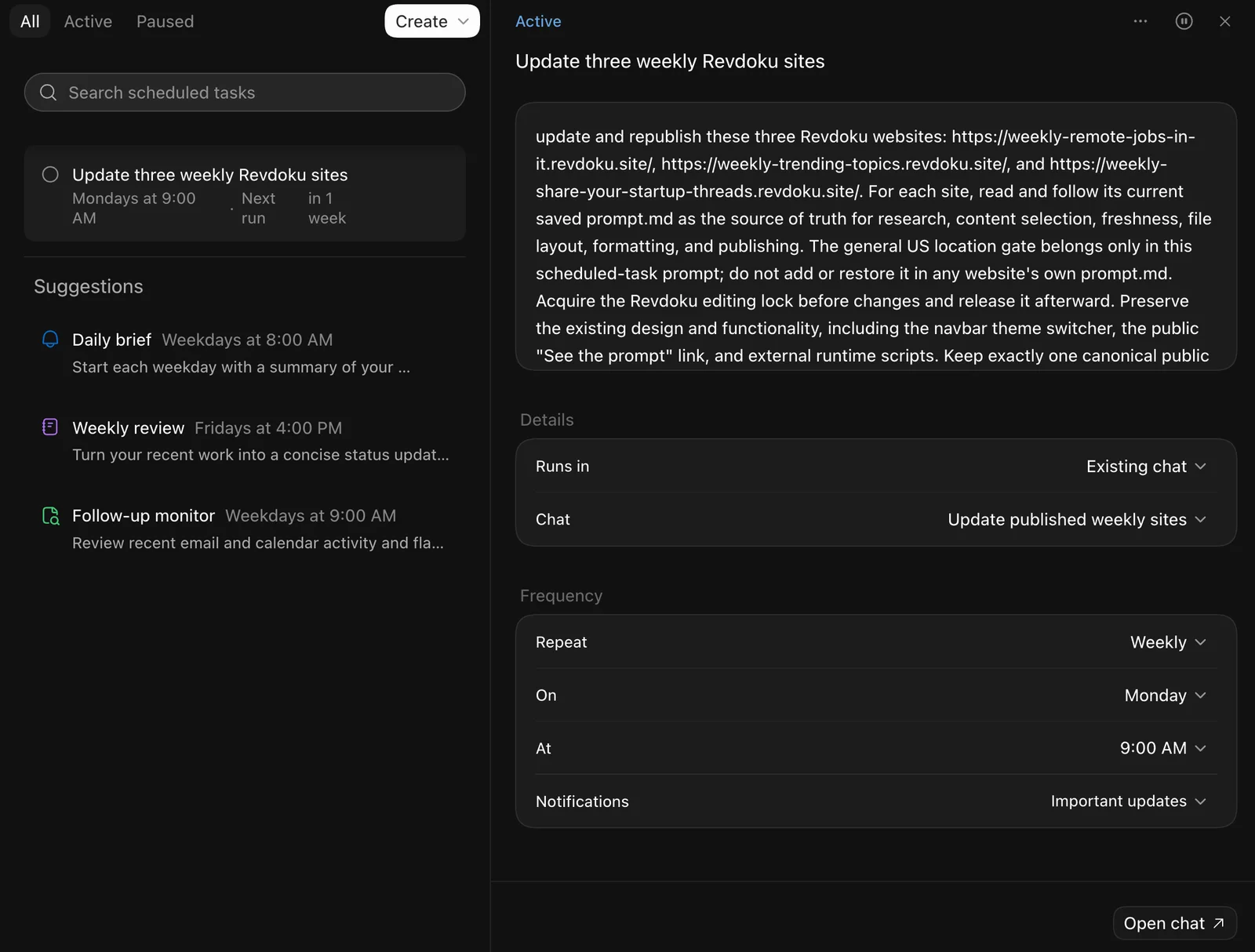 ChatGPT Manage scheduled tasks screen with the weekly websites task