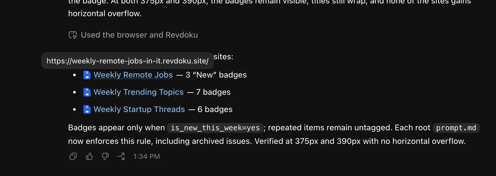 ChatGPT reports the new badges added across the three weekly websites