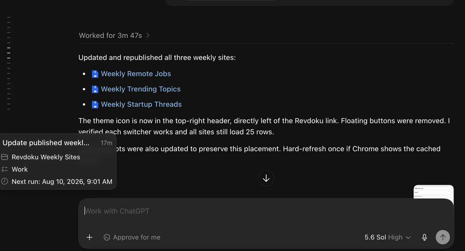 Scheduled ChatGPT task for updating the three weekly websites