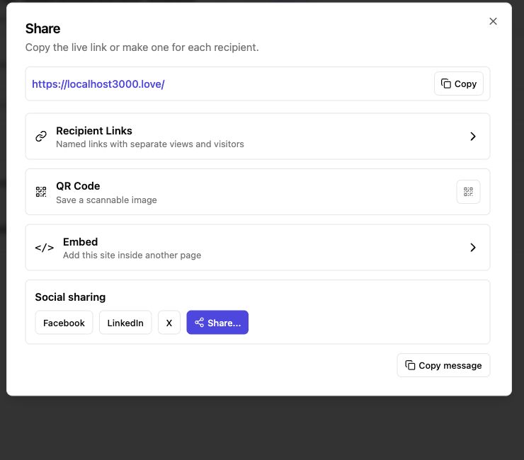 Share dialog with recipient links and QR code options