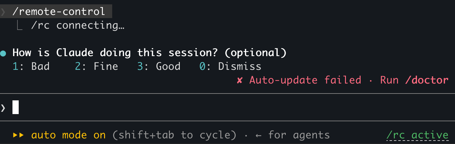 Claude Code terminal showing Remote Control active with /rc active in the status area