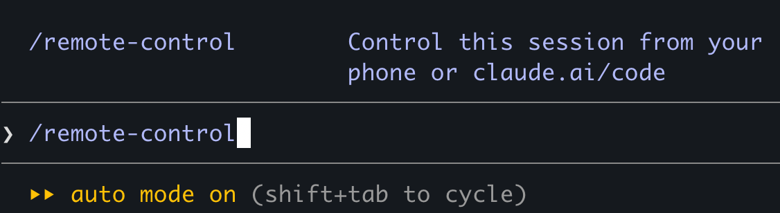 Claude Code terminal showing the /remote-control command for controlling the session from a phone or claude.ai/code