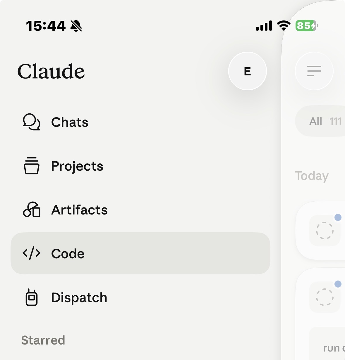 Claude mobile app sidebar with Code selected for Claude Code remote sessions