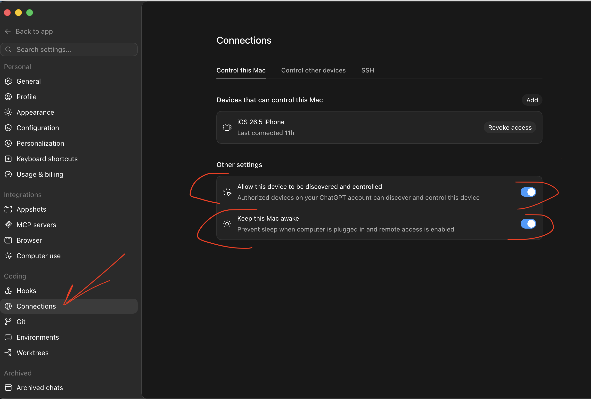 ChatGPT desktop app Connections settings with remote access and Keep this Mac awake enabled
