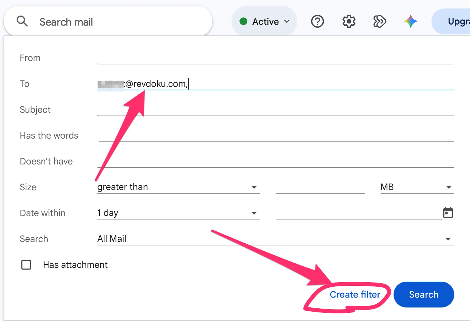 Gmail search options with a source recipient in To and Create filter highlighted
