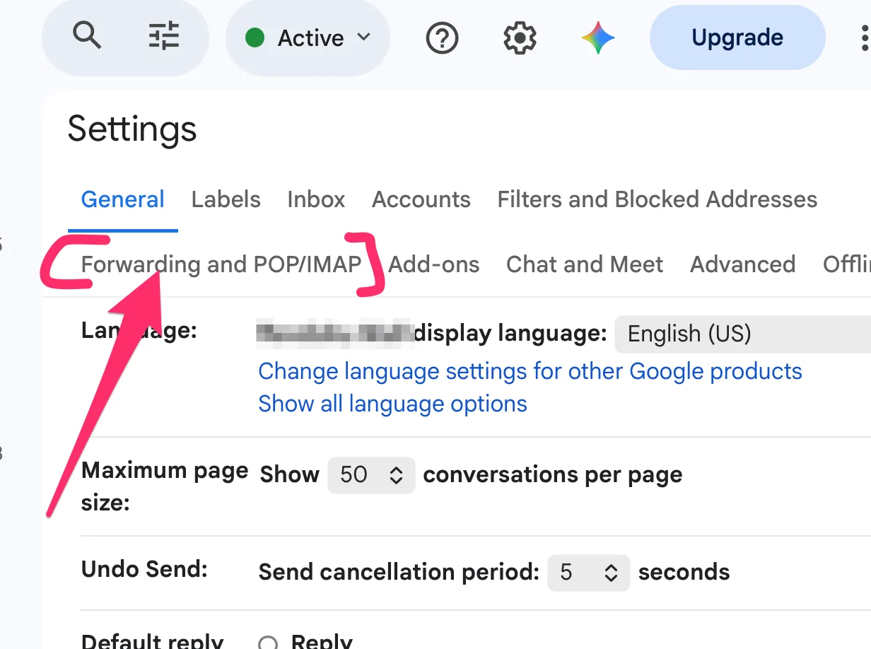 Gmail settings with the Forwarding and POP/IMAP tab highlighted