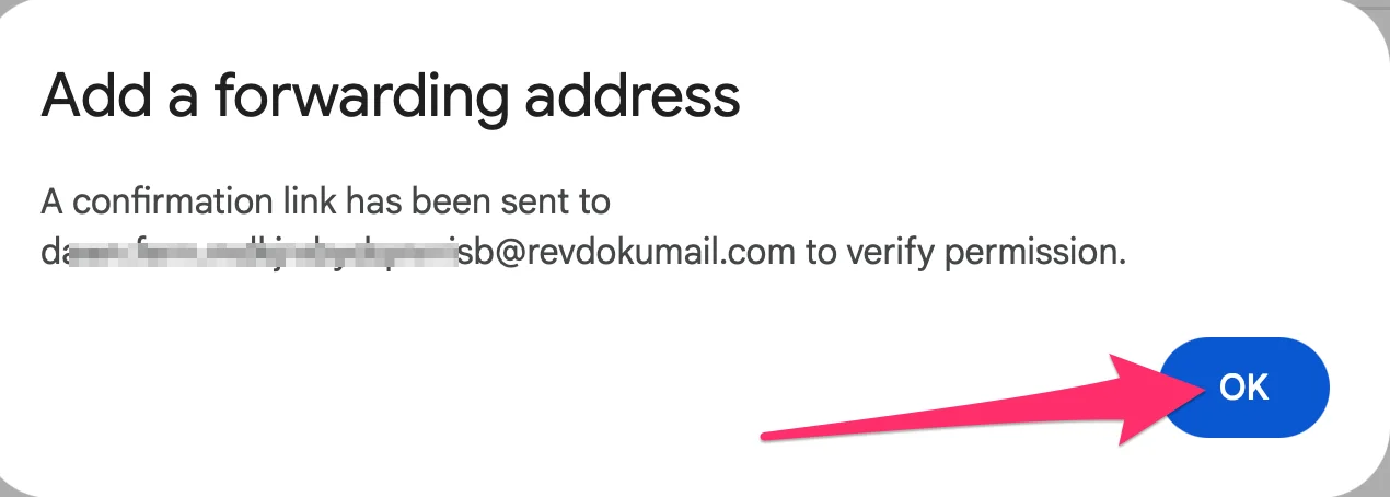 Gmail notice confirming that a verification link has been sent