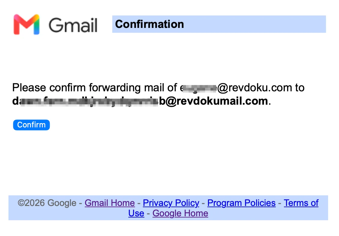Google forwarding verification page with the Confirm button highlighted